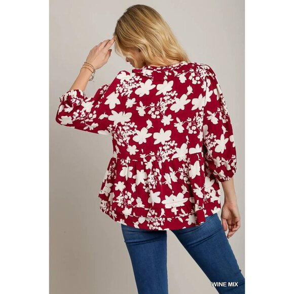 Umgee Wine/White Floral Printed Balloon Sleeve Top with Ruffle Detail~SMALL - Picture 5 of 7